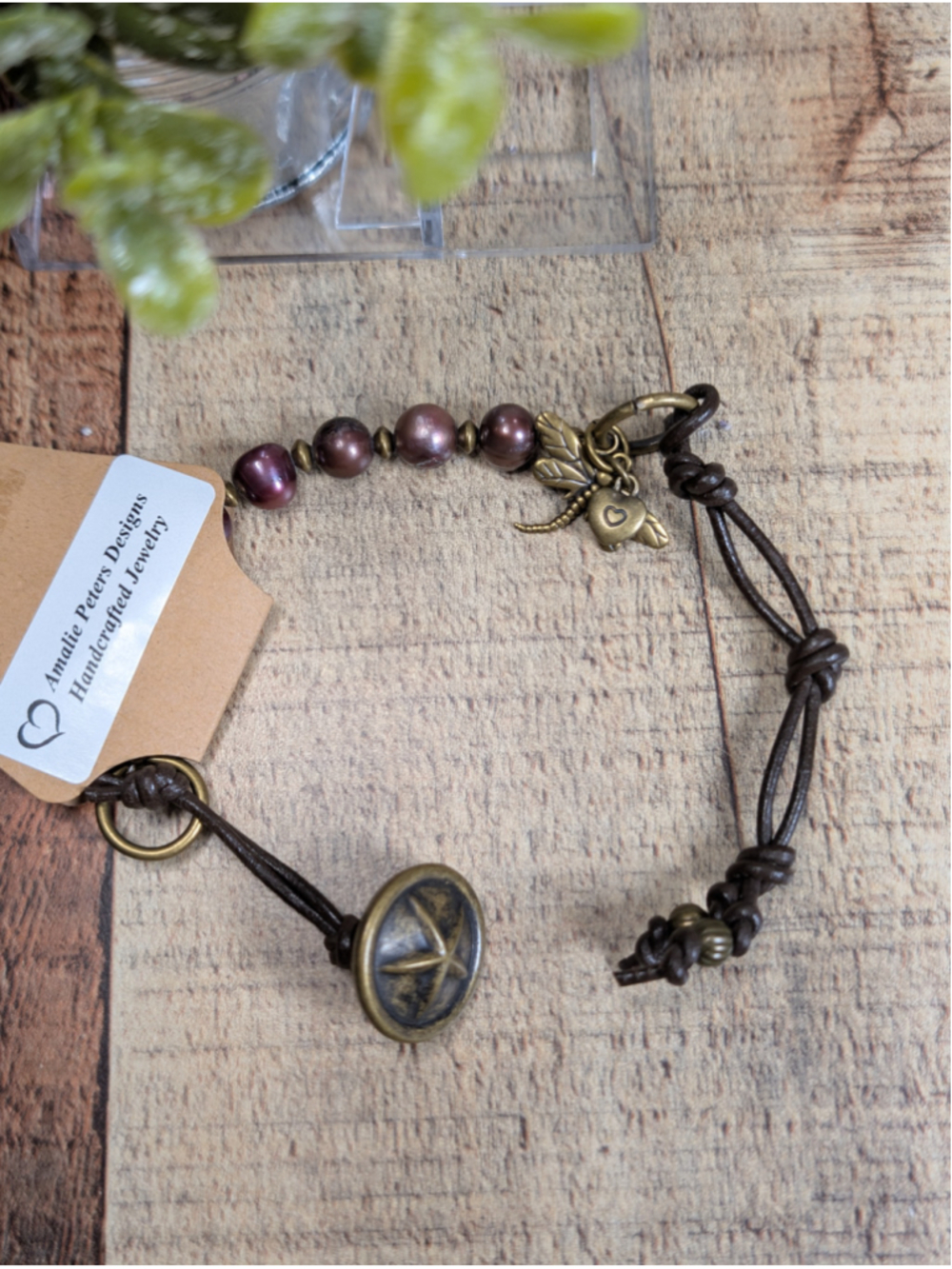 NEW Artisan Boho Cranberry Rustic Pearls Brown Knotted Leather Cord Button Brace - Picture 5 of 7